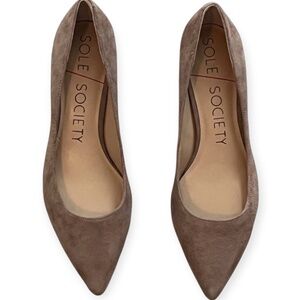 Dark sand-colored suede pumps with straw heels. 7.5.